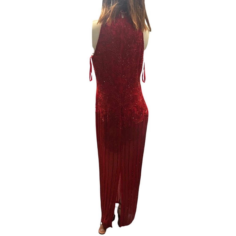 Oleg Cassini Black Tie Red Beaded Silk Gown Vintage Formal Maxi Dress Size 12